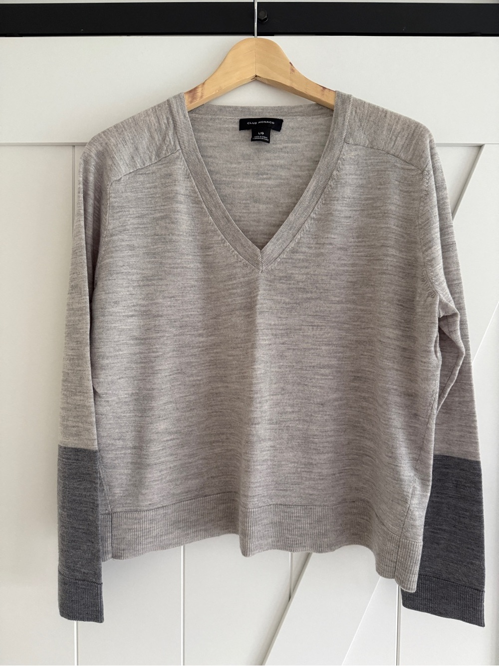 Club Monaco Light Gray V-Neck Sweater with Dark Gray Cuffs